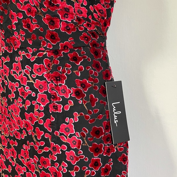Black and Red Floral Print Burnout Velvet Midi Dress - Picture 6 of 6